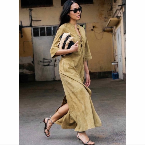 Dorothee Schumacher Velour Softness Leather Maxi Dress Size Small Green - Picture 4 of 14